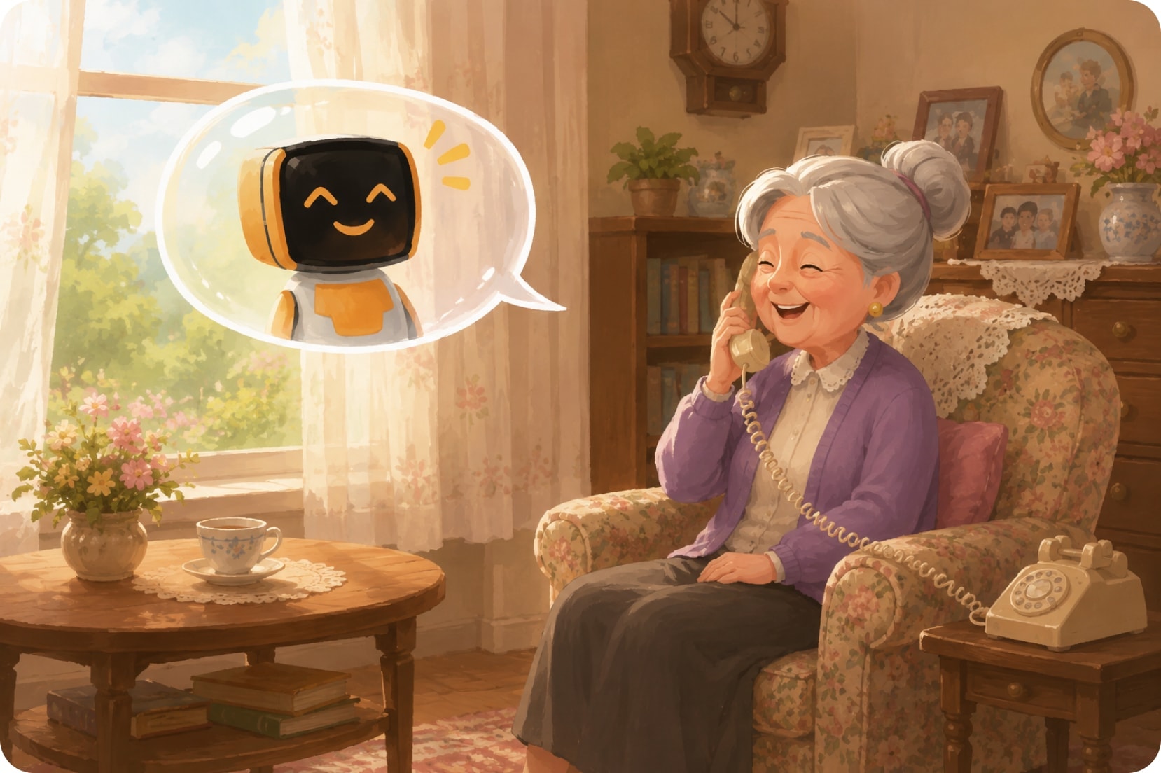Senior talking on the phone with MyFriend companion